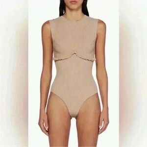 NWOT Sandro Paris beige knit ribbed ruffle bodysuit
